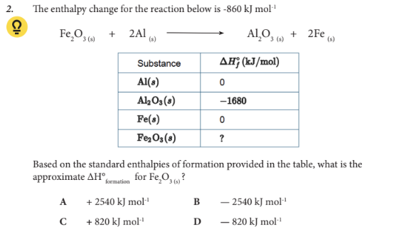 <p>Based on the standard enthalpies of formation provided in the table, what is the approximate ∆H°formation for Fe2O3 (s) ?</p>