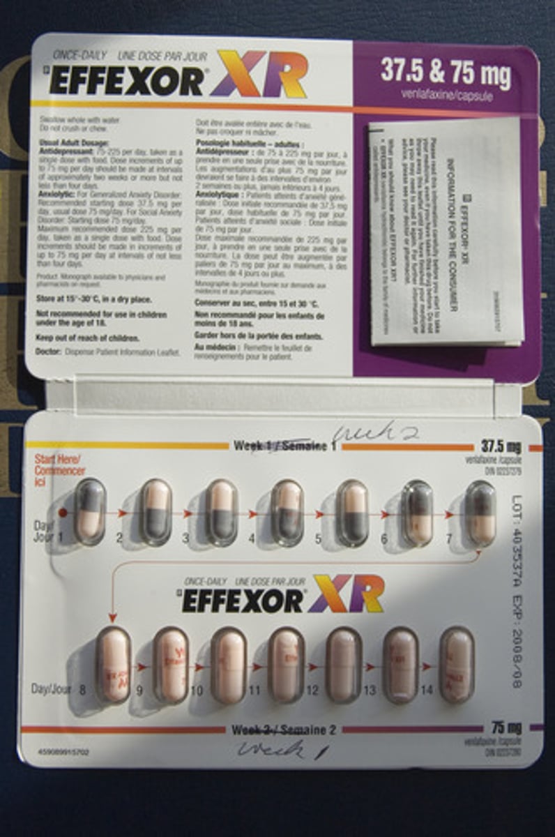 <p>Brand: Effexor</p><p>Class: Serotonin-norepinephrine reuptake inhibitor (SNRI)</p>
