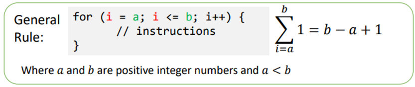 <p><span style="font-family: &quot;Open Sans&quot;, sans-serif">The number of times the instruction within a for loop is executed is given using a general rule</span></p><p><span style="font-family: &quot;Open Sans&quot;, sans-serif">Care: to use this general rule the for loop must be in the above format</span></p>