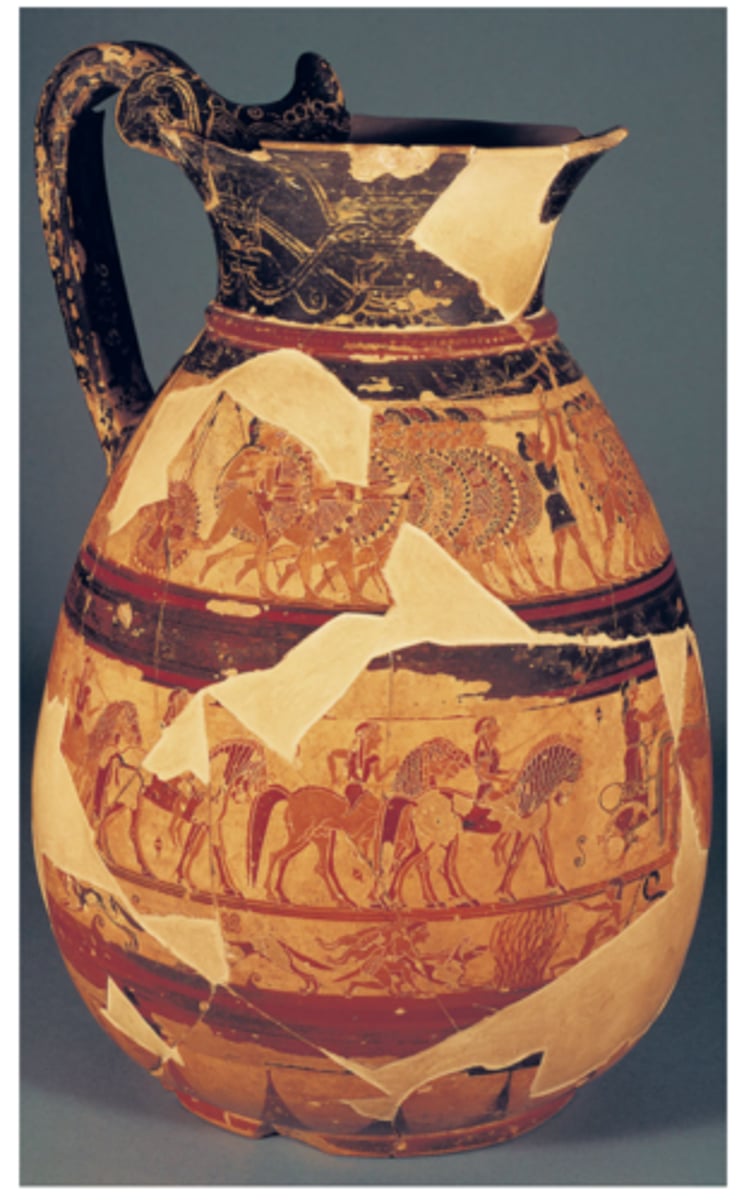 <p>Who The Protocorinthian Olpe, also known as the "Chigi Vase," was created by the Macmillan Painter1, an artist from the ancient Greek city-state of Corinth2.</p><p>What The Chigi Vase is a Proto-Corinthian olpe, or pitcher3. It is decorated in four friezes of mythological and genre scenes and four bands of ornamentation3. Among these tableaux is the earliest representation of the hoplite phalanx formation3. The vase stands 26 cm (10.2 inches) tall3.</p><p>Where The Chigi Vase was found in an Etruscan tomb at Monte Aguzzo, near Veio, on Prince Mario Chigi's estate in 18813. It is now housed in the National Etruscan Museum, Villa Giulia, Rome3.</p><p>When The Chigi Vase dates back to around 640 BC2.</p><p>Why The Chigi Vase is interesting and important for several reasons:</p><p>Architectural Significance: The vase is a technical masterpiece of Archaic painting4. It contains the earliest known representation of the hoplite phalanx formation3, providing valuable insights into military tactics during the mid- to late-7th century.</p><p>Cultural Significance: The vase depicts various scenes from everyday life and mythology, including hunts, horsemanship, and a hoplite battle4. These scenes reflect the penetration of the everyday, the exotic, the heroic, and the divine into Greek art4.</p><p>Historical Significance: The vase provides a glimpse into the stages of maturation of Corinthian male society during its time4. It also provides evidence of the influence of neo-Assyrian art forms on Corinthian art3.</p><p>Overall, the Chigi Vase provides a wealth of information about ancient Greek art, society, and history. It serves as a testament to the cultural and historical richness of ancient Greece.</p>