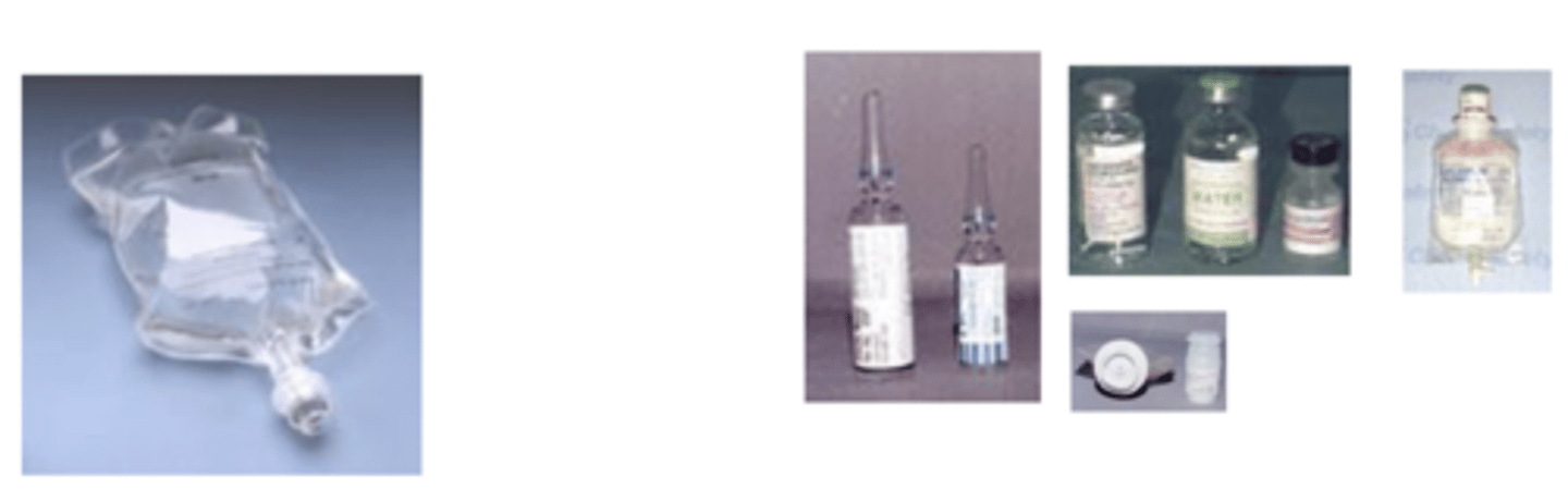 <p>LVP</p><p>- injections given in hospital</p><p>- &gt;100 mL</p><p>- plastic bags &amp; glass bottle</p><p>- electrolyte and fluid balance- parenteral nutrition, vehicles</p><p>SVP</p><p>- ≤ 100 mL</p><p>- primarily to deliver medications</p><p>- ampules, vials, and prefilled syringes</p>