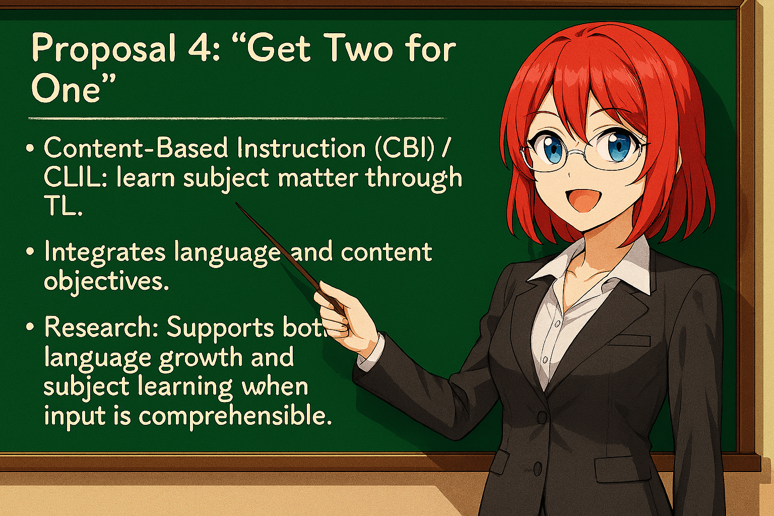 <ul><li><p>Content‑Based Instruction (CBI) / CLIL: learn subject matter through TL.</p></li><li><p>Integrates language and content objectives.</p></li><li><p>Research: Supports both language growth and subject learning when input is comprehensible.</p></li></ul><p></p>