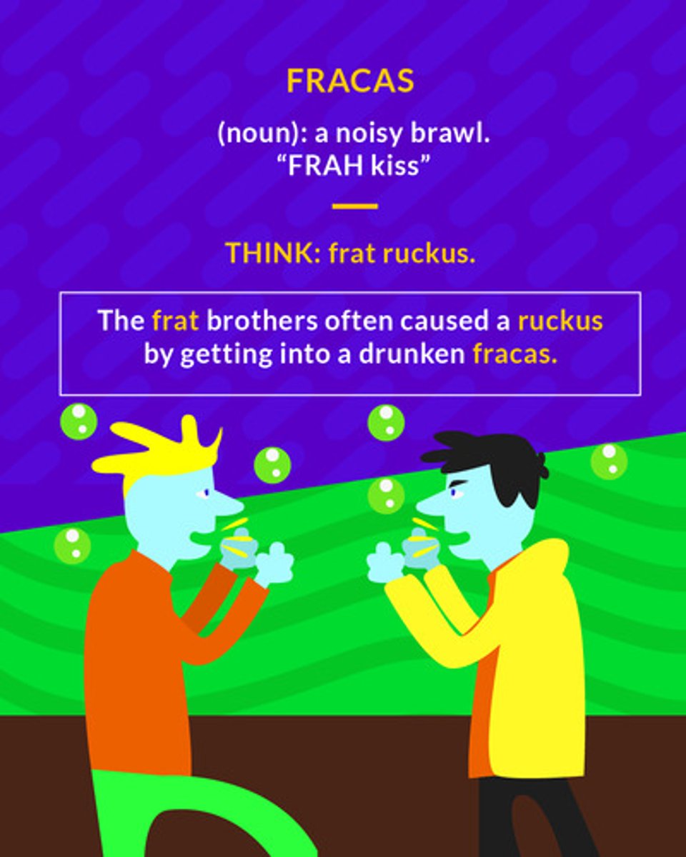 <p>a noisy quarrel or brawl</p><p>(noun) a noisy brawl</p>