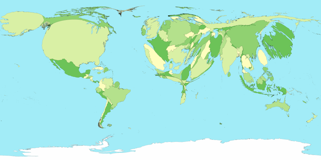 <p>the sizes of countries are shown according to a specific variable, area is distorted to show a variable </p>