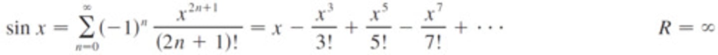 <p>∑(-1)ⁿ(x²ⁿ⁺¹)/(2n+1)!=x-x³/3!+x⁵/5!-x⁷/7!+...</p><p>R=infinity</p>