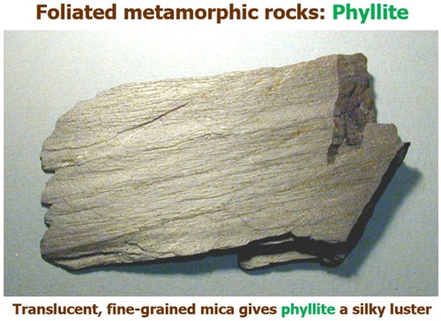 <p>a fine grained metamorphic rock with a foliation caused by the preferred orientation of very fine-grained white mica. The name comes from the Greek word phyllon, meaning leaf, as does the word phyllo, the flaky dough in Greek pastry.</p><p>Phyllite forms by the metamorphism of shale at a temperature high enough to cause neocrystallization of white micas from clay minerals in the original protolith. The parallel orientation of translucent fine-grained micas gives phyllite a silky sheen known as phyllitic luster (figure below).</p>