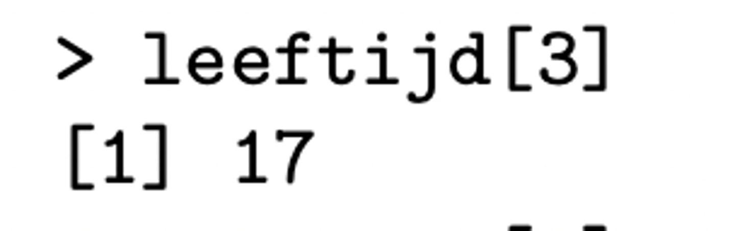 <p>vierkante haakjes →</p><p>[...]</p><p>➡Bv: leeftijd [3] zal output 17 geven</p>