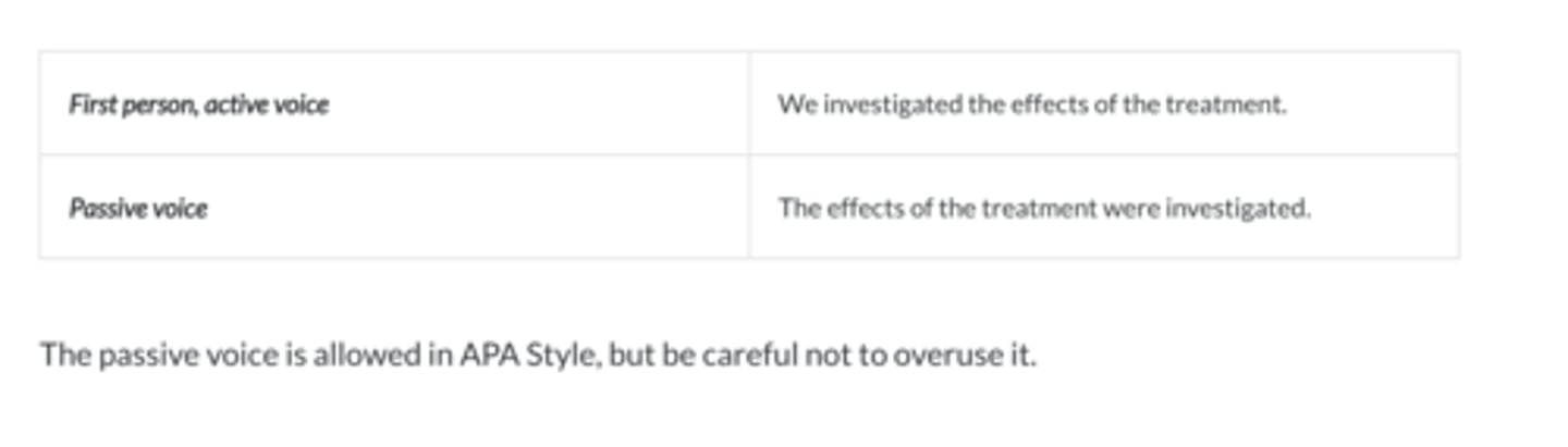 <p>When possible, use the active voice instead of the passive voice to create direct, clear, and concise sentences. For example, use the first person and the active voice to show your involvement in a project or to describe steps you personally took.</p>