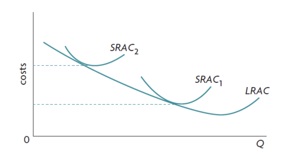 <ul><li><p>= <strong>lower average costs of production in the long run resulting from being a large firm.</strong></p></li><li><p>occurs in the downward sloping part of a firms long run average revenue curve.</p></li><li><p>Occurs due to :</p></li><li><p>bulk buying</p></li><li><p>specialisation of labour</p></li><li><p>lower costs for marketing</p></li><li><p>lower borrowing costs</p></li></ul><p></p>