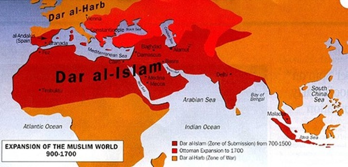 <p>-The world as belonging either to Muslim or non-Muslim territory, exists within Islam</p><p>-Allowed for expeditions from other countries to be facilitated; culturally unified different peoples and lands</p><p>-Umma: -The community of all Muslims. A major innovation against the background of seventh-century Arabia, where traditionally kinship rather than faith had determined membership in a community.</p>