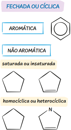 <p>Uma cadeia cíclica é fechada e pode ser aliclica(homogênea ou heterogênea, insaturada ou insaturada) e aromática(mononuclear ou poliniclear)</p>