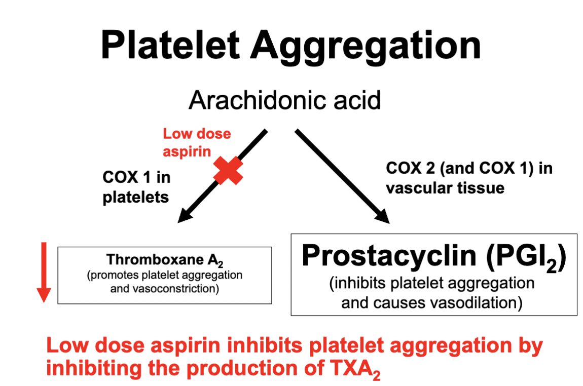 <p><strong>Inhibits COX 1 in platelets → <mark data-color="#ff0000" style="background-color: rgb(255, 0, 0); color: inherit;">inhibiting TXA2 production</mark></strong></p><ul><li><p>Which in turn reduces platelet aggregation</p></li><li><p>Reduces the effects of vasoconstriction</p></li><li><p><strong>Aspirin binds irreversibly to COX 1 - meaning COX 1 in platelets cannot regenerate in comparison to COX 1 &amp; 2 in vascular tissue (which can regenerate)</strong></p></li></ul><p></p>