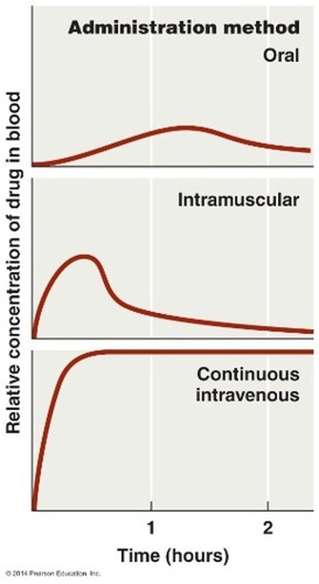 <p>sublingual: quick to absorb but quick to be eliminated</p><p>intravenous: constant amount in body since continuously supplied</p>