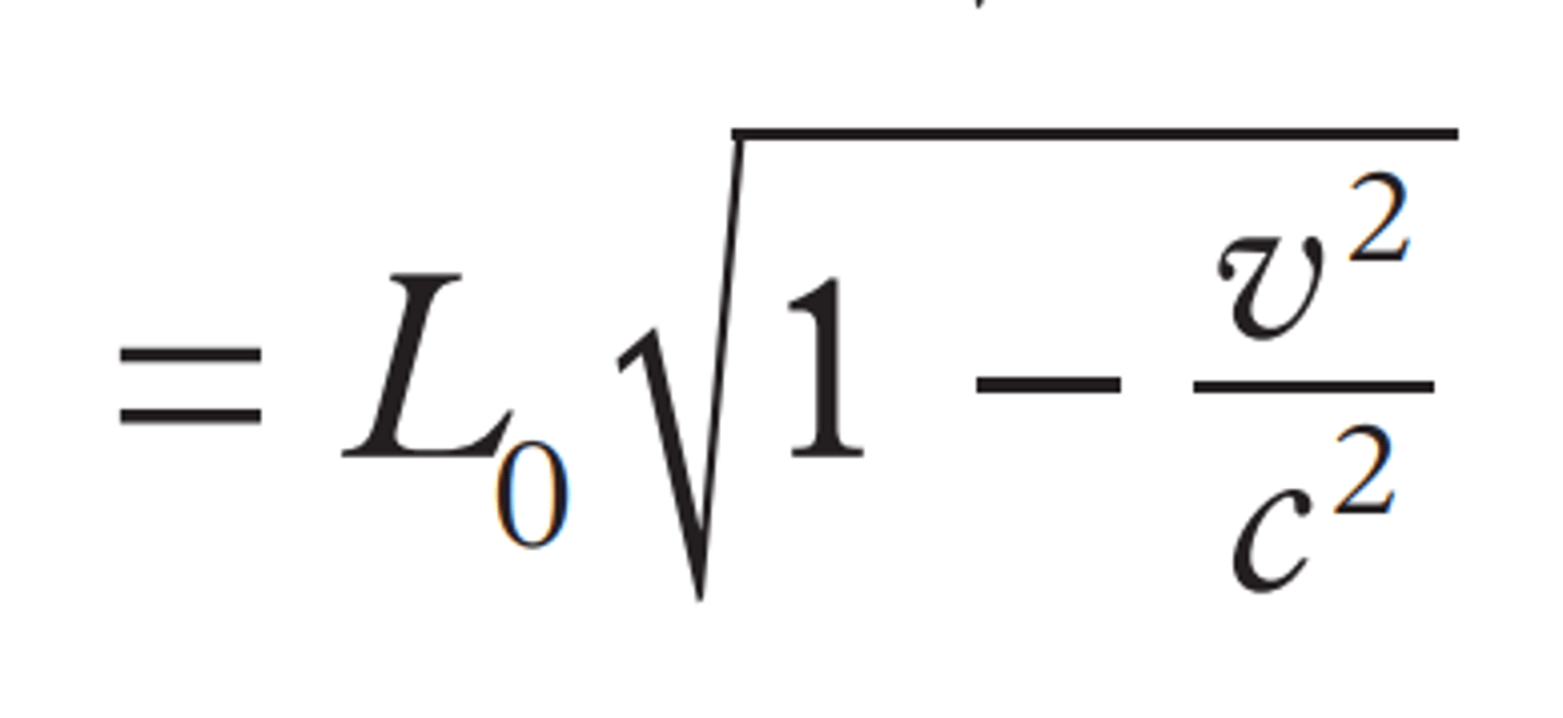 <p>Where:</p><p>Lo = proper length</p><p>L = relativistic length</p><p>v = velocity</p><p>c = speed of light</p>