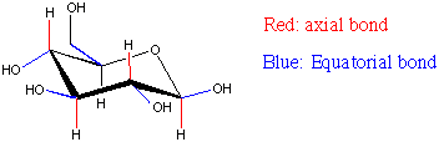 <p>equatorial: in the plane of the molecule</p><p>axial: sticking up/down from the molecule's plane</p>