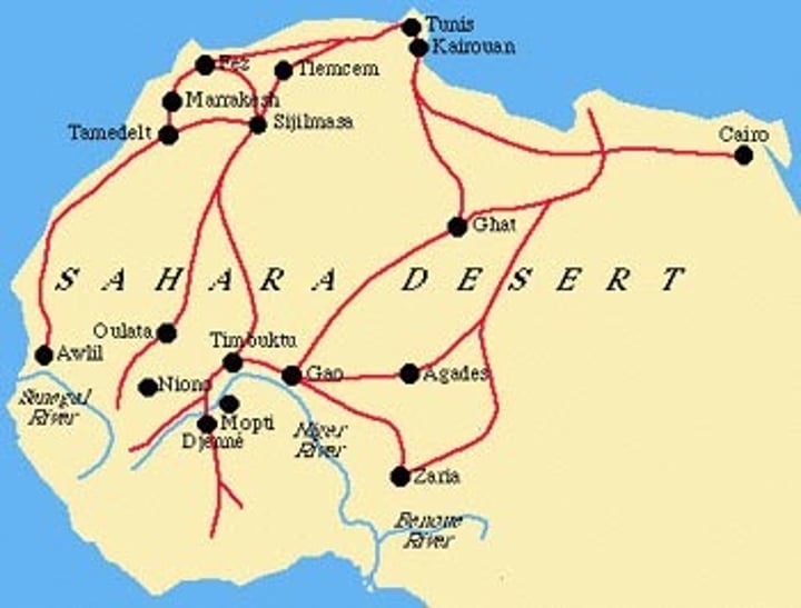 <p>Trade route across the Sahara desert. Known for trading gold and salt, created caravan routes, economic benefit for controlling dessert, camels played a huge role in the trading.</p>