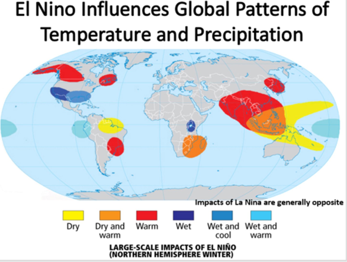 <p>the global average temperature increases. It causes significant shifts in weather, typically bringing wetter conditions to some regions (like the southern U.S.) and drier conditions/droughts to others (like Australia and Indonesia).</p>