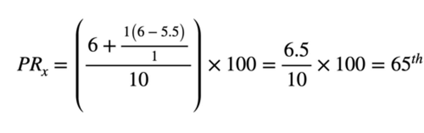 <p>Score for which percentile rank is sought (x) = 6</p><p>cf = 6</p><p>ll = 5.5</p><p>w = 1</p><p>f of interval = 1</p><p>n = 10</p>