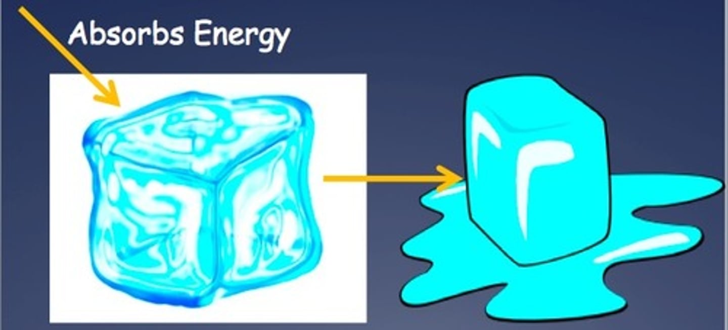 <p>A process that absorbs heat from the surroundings. ΔH+</p>