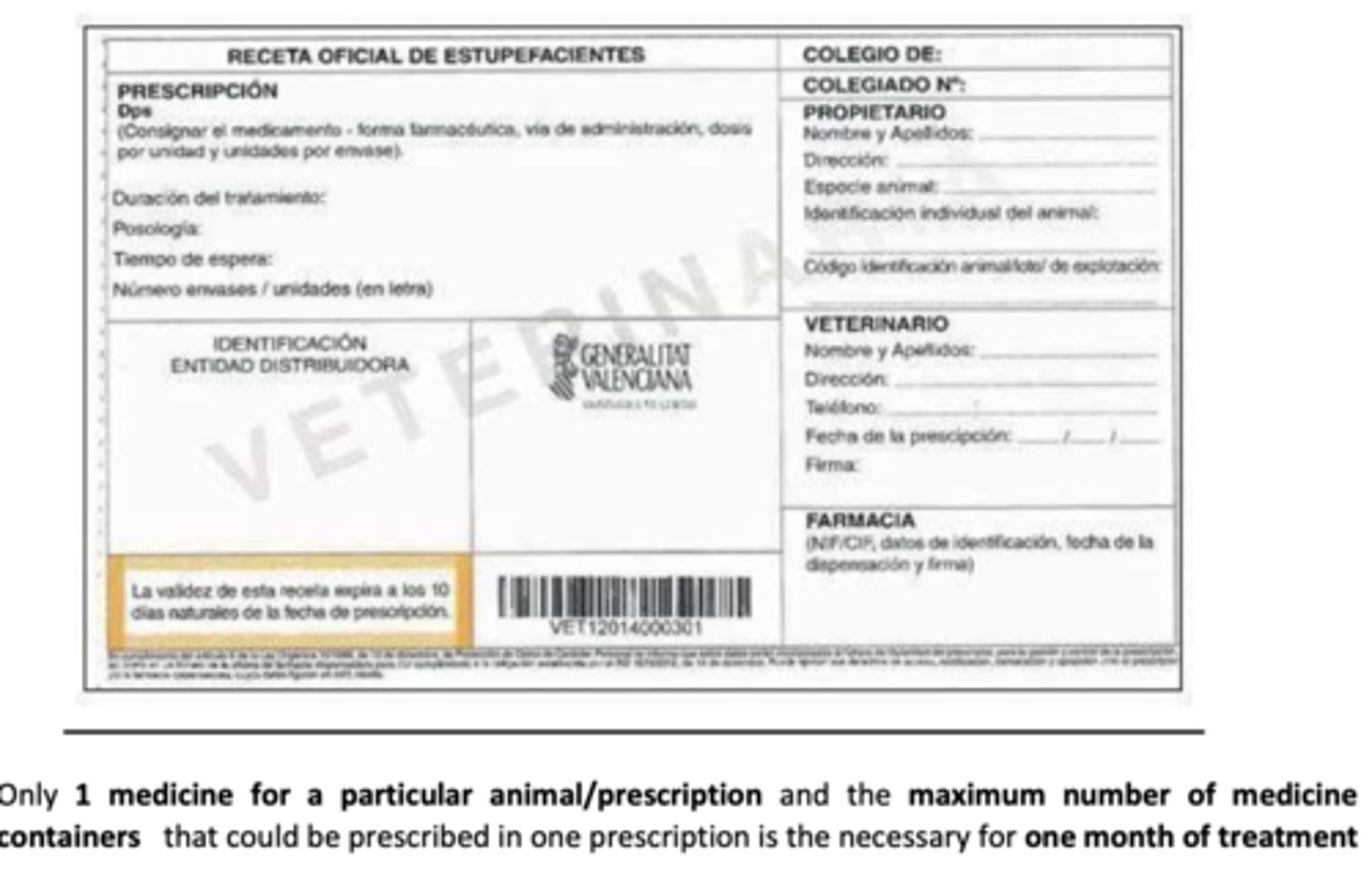 <p>only 1 medicine for a particular animal/prescription, and the maximum number of containers that is necessary for one month of treatment.</p>