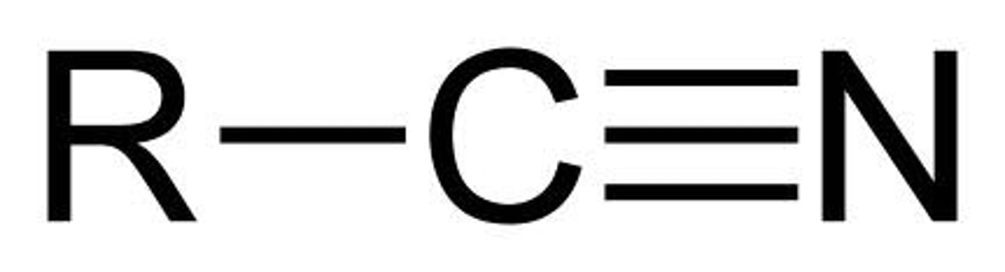 <p>A nitrile is an organic chemical that contains a cyano functional group (subunit), CN-, in which the carbon and nitrogen atoms have a triple bond i.e. C≡N-. The general chemical formula of a nitrile is RCN, where R is the organic group.</p>