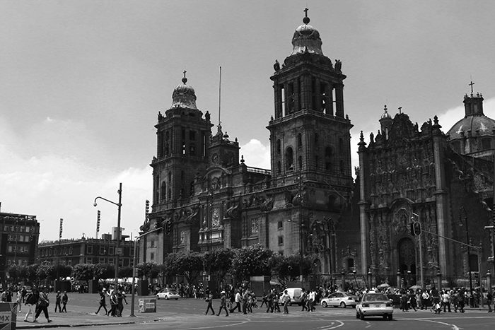 <p>The image shows a religious structure in Mexico City. Which of the following conclusions can be drawn based on the image?</p><ol><li><p>Social class divisions determined by the Spanish aristocracy are evident in Latin American cities.</p></li><li><p>Socialist planning resulted in segregation of Mexico City.</p></li><li><p>Gentrification of the central market area of an urbanized zone led to an increase economic development.</p></li><li><p>Spanish colonialism influenced architecture of the cultural landscape.</p></li><li><p>Mass transportation systems were designed to alleviate traffic congestion.</p></li></ol>