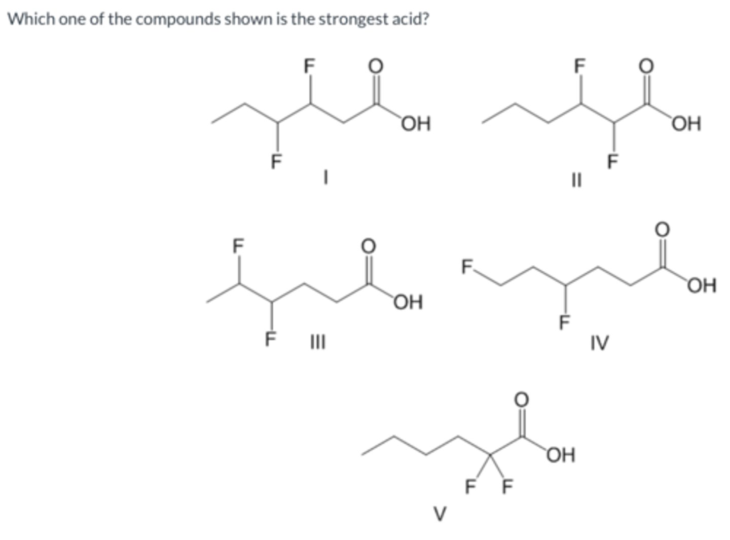 <p>Which one of the compounds shown is the strongest acid?</p>