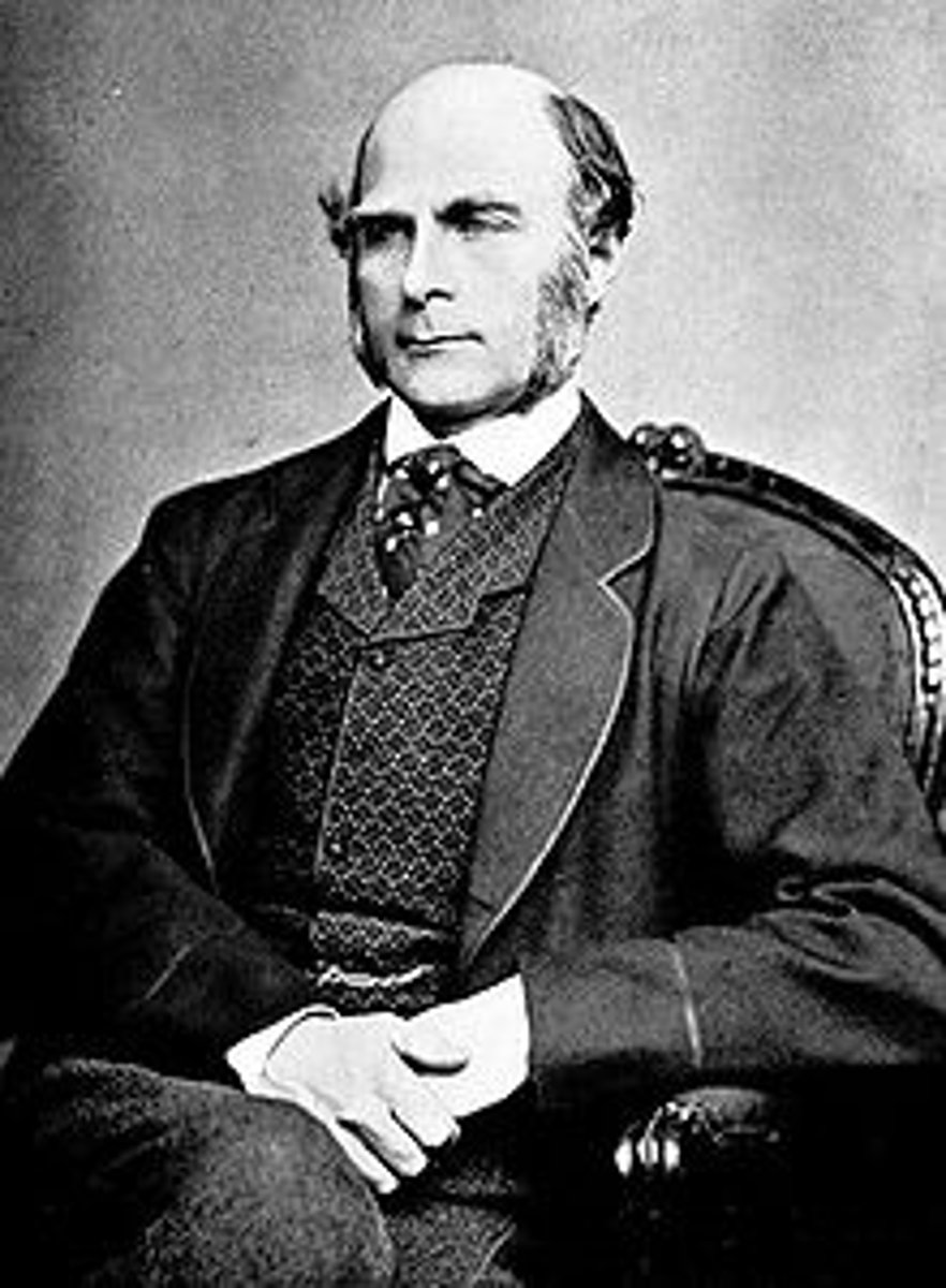 <p>1822-1911; Field: differential psychology AKA "London School" of Experimental Psychology; Contributions: behavioral genetics, maintains that personality &amp; ability depend almost entirely on genetic inheritance; Studies: Twin Studies-compare identical &amp; fraternal twins, Hereditary Genius-used bell curve for normal distribution, &amp; "Law of Errors"-differences in intellectual ability</p>