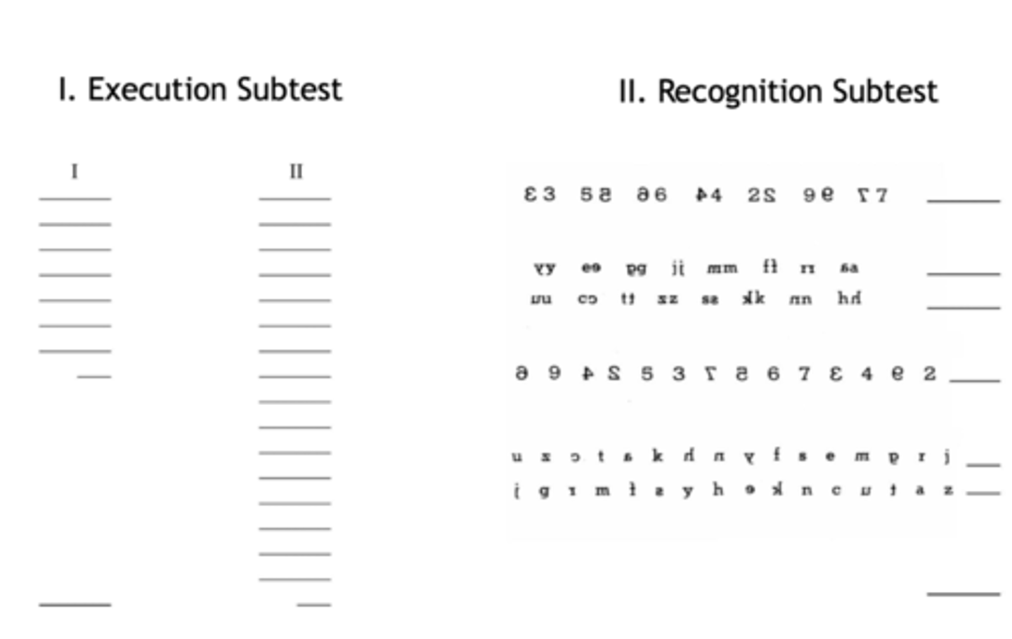 <p>- these are pts recording test</p><p>- for execution test you tell them what letters and numbers to write 5,2,6,3,9,2,7 (numbers you can tell when they are reversed)</p><p>trying to see if they can write the letters correctly</p><p>recognition test pt circles which is correct</p><p>do not have to know grading</p>