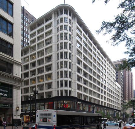 <p>Now known as Sullivan Center, The building is remarkable for its steel-framed structure, which allowed a dramatic increase in window area created by bay-wide windows, which in turn allowed for the greatest amount of daylight into the building interiors. This steel framed structure uses the post-and-lintel technique to provide a strong, light, and fireproof steel skeleton.</p>
