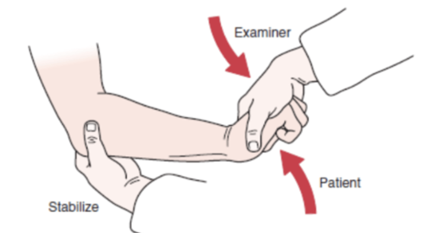<p>- lateral epicondylopathy</p><p>- extensor carpi radialis brevis</p><p>- description: pt is sitting with elbow 90 degrees flexion then asked to actively make a fist, pronate the forearm, and radially deviate and extend the wrist while the examiner resists the motion.</p><p>(+): sudden severe pain in area of lateral epicondyle of humerus</p>