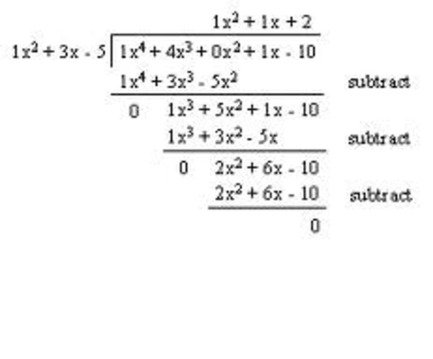 <p>A process of dividing polynomials that mirrors long division of numbers</p>