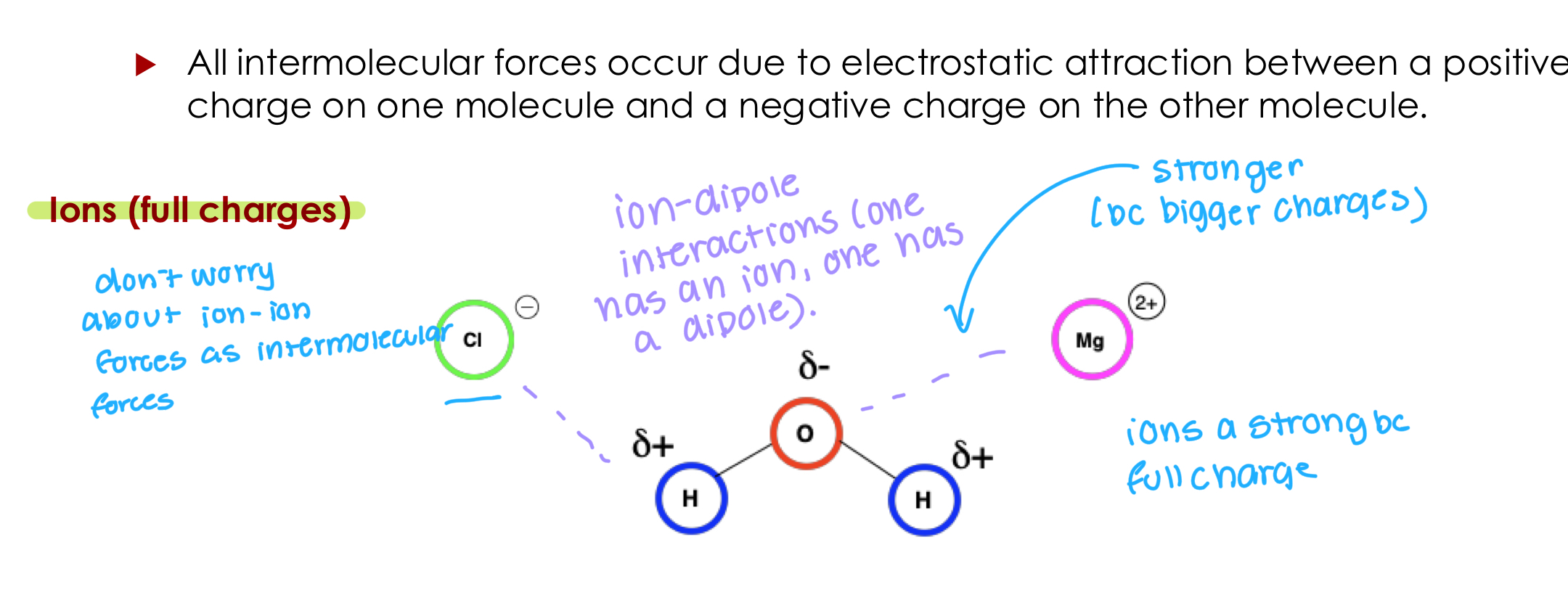 <p>All intermolecular forces occur due to electrostatic attraction between a positive charge on one molecule and a negative charge on the other molecule.</p><p>Ion-dipole interactions (one has an ion, one has a dipole).&nbsp;</p>