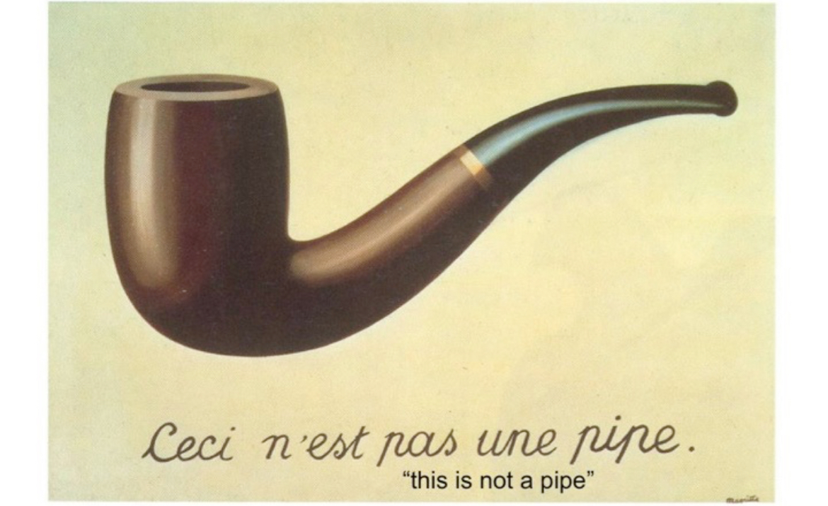 <p>bunch of men; this is not a pipe, bird man, 2 men, woman horse trees</p>