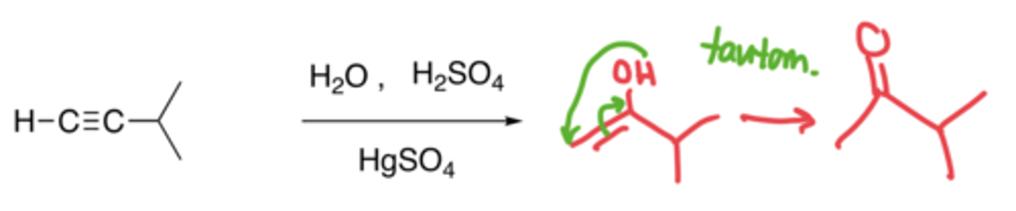 <p>- Addition of an H and OH to make an alcohol, which then gets tautomerized into a ketone</p><p>- Markovnikov, no carbocation</p>