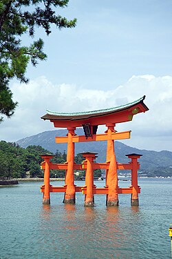 <p>traditional japanese gates that would lead to the entrance of shinto shrines - could be wooden or stone</p>