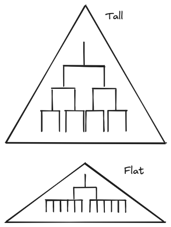 <ul><li><p><strong>Tall</strong> – long scalar chain &amp; narrow span of control (e.g. functional, divisional, geographic).</p></li><li><p><strong>Flat</strong> – short scalar chain &amp; wide span of control (e.g entrepreneurial, matrix).</p></li></ul><p></p>