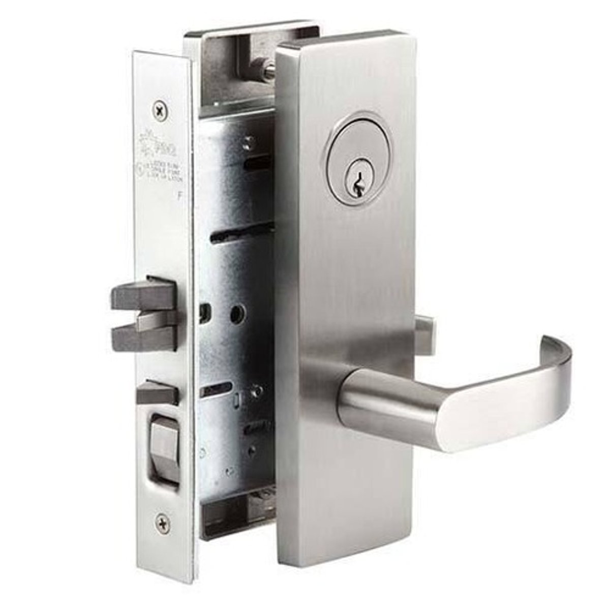 <p>A lock housed within a mortise cut into a door edge so that the lock mechanism is covered on both sides</p>