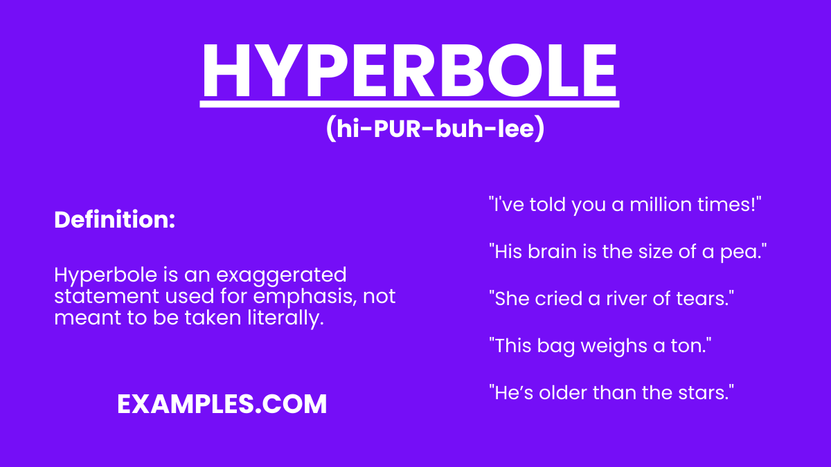 <p>A literary device that uses exaggeration to emphasize a point or create a comic effect (rhetorical effect)</p>