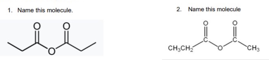 <p>name these molecules + give the structural formula for 1 </p>