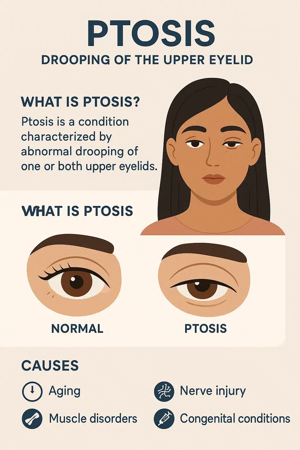 <p>PP: drooping of the Upper lid</p><p>E: congenital<br>senescence/aging<br>myasthenia gravis<br>CN III dmg<br>sympathetic nerve (supply) dmg (Horner syndrome)<br>weakened muscle<br>relaxed tissues<br>weight of herniated fat</p><p>CM: superior eyelid covers more of the iris than the other/extends over pupil</p>