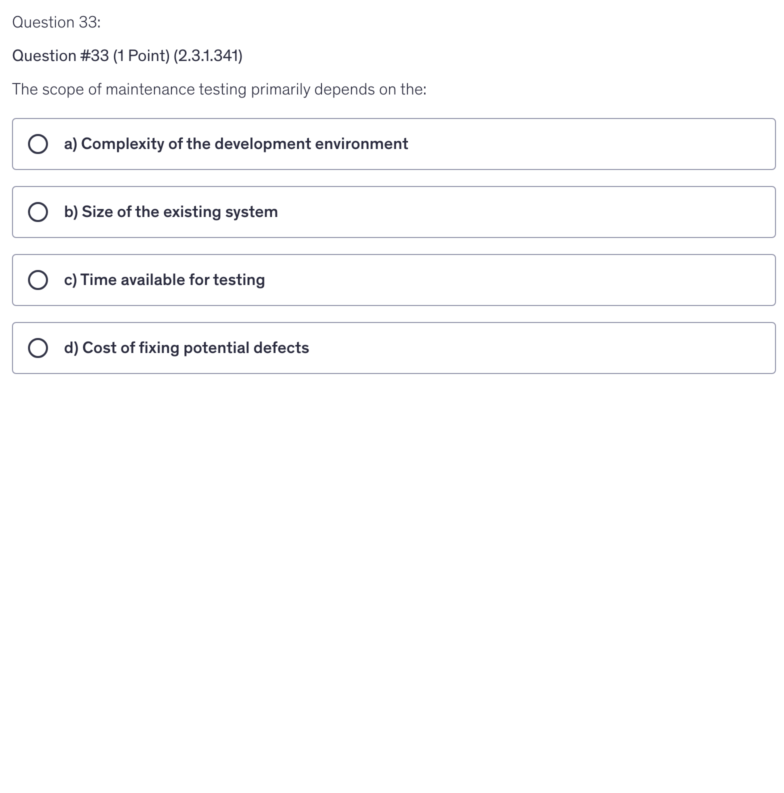 <p>The scope of maintenance testing primarily depends on the:</p>