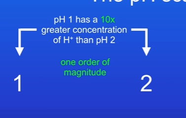 <p>As the pH scale decreases by one unit, the concentration of hydrogen ions increases by ten times.</p><p>pH 1 has a 10x greater concentration of H+ than pH 2.</p><p>pH 1 has a 100x greater concentration of h+ than pH3 </p>