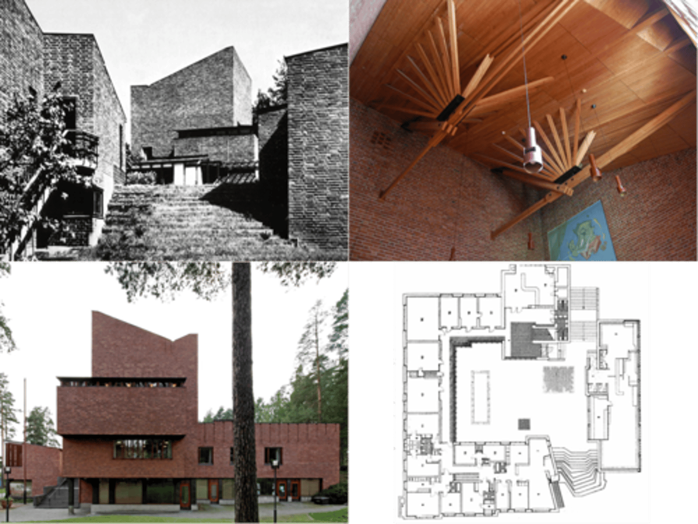 <p>Broken apart into chunks w/ central plaza</p><p>Seen as an "open hand"</p><p>Incorporated texture, wood, and brick. (What modernism despised).</p>