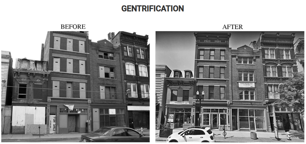 <p>Although gentrification can revitalize cities by rehabilitating residential areas, which of the following problems can be explained by the type of building renovations shown in the before and after images?</p>