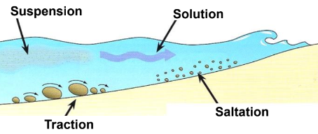 <ul><li><p>Traction: Larger pebbles rolled along sea bed</p></li><li><p>Saltation: Small pebbles bounce along sea bed in a skipping motion, often 1 pebble hits another</p></li><li><p>Suspension: Fine sediment carried along the water = looks murky</p></li><li><p>Solution: Dissolved material carried along in solution = can't see it</p></li></ul>