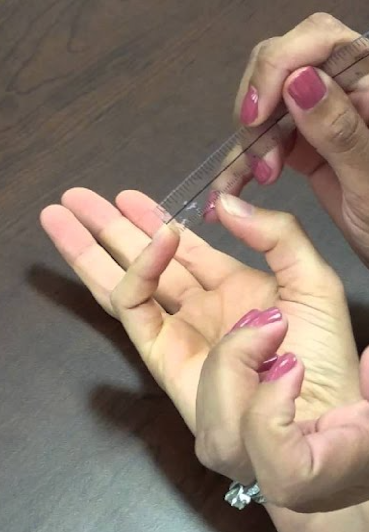 <ul><li><p>Move tip of thumb towards 5th MCP</p></li><li><p>If they cannot touch, then use a ruler to measure distance from 5th MCP to tip of thumb</p></li></ul>