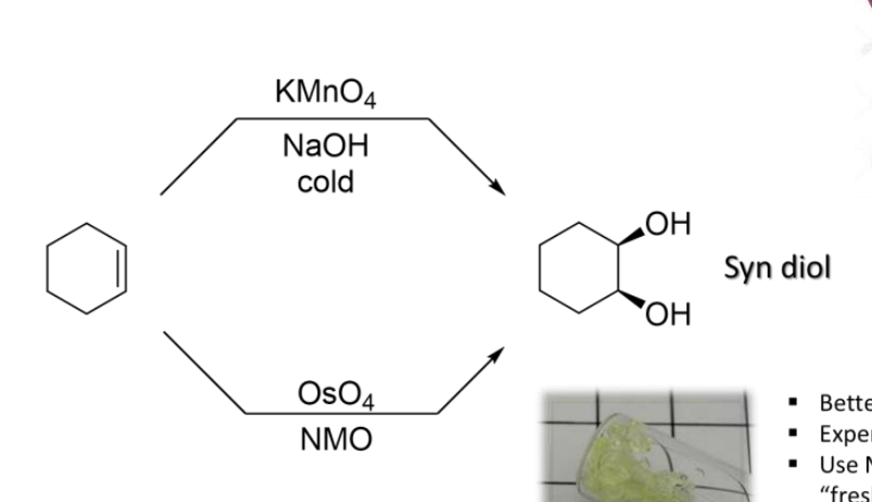 <p>Reagants:</p><p>Either:</p><ul><li><p>1) KMnO<sub>4</sub>, NaOH, cold</p></li><li><p>2) OsO<sub>4</sub>, NMO</p></li></ul><p></p>