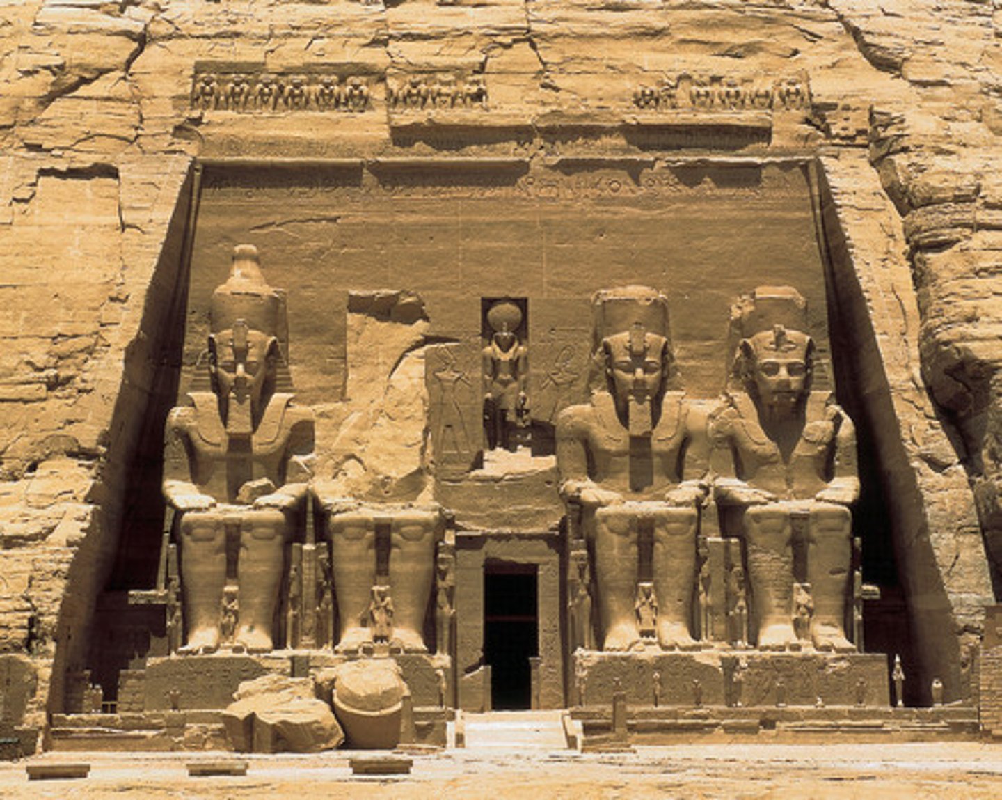 <p>Temple built by Ramses the Great that was carved out of sandstone cliffs and at its entrance, four 66-foot-tall statues show Ramses as pharaoh.</p>