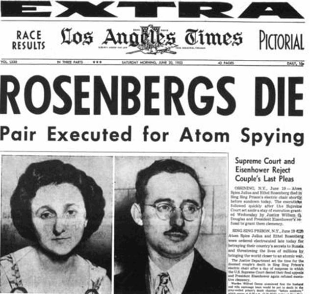 <p>The controversial 1951 trial of two Americans, Ethel and Julius Rosenberg, charged with passing atomic secrets to the Soviet Union; the two were sentenced to death and executed in 1953, making them the only American civilians to be put to death for spying during the Cold War.</p>